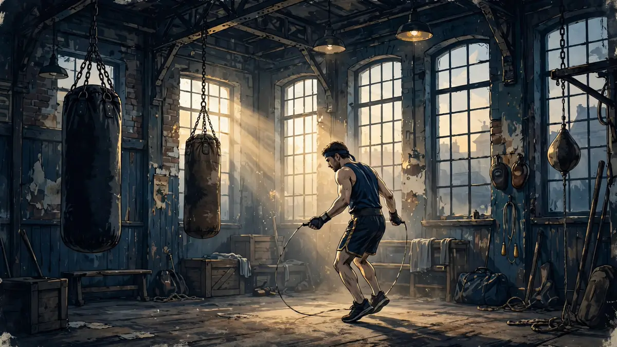 Illustrated boxer skipping rope alone at dawn in an old-school boxing gym with heavy bags and tall windows