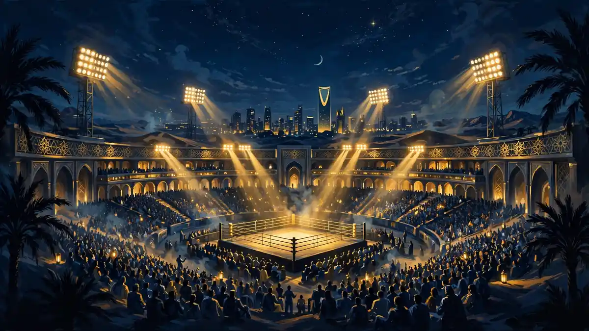 Illustrated night view of a Riyadh boxing arena with golden spotlights over the ring