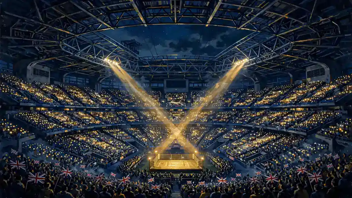 Illustrated night view of a packed Cardiff stadium with a gold-lit boxing ring, ahead of Tyson Fury vs Anthony Joshua