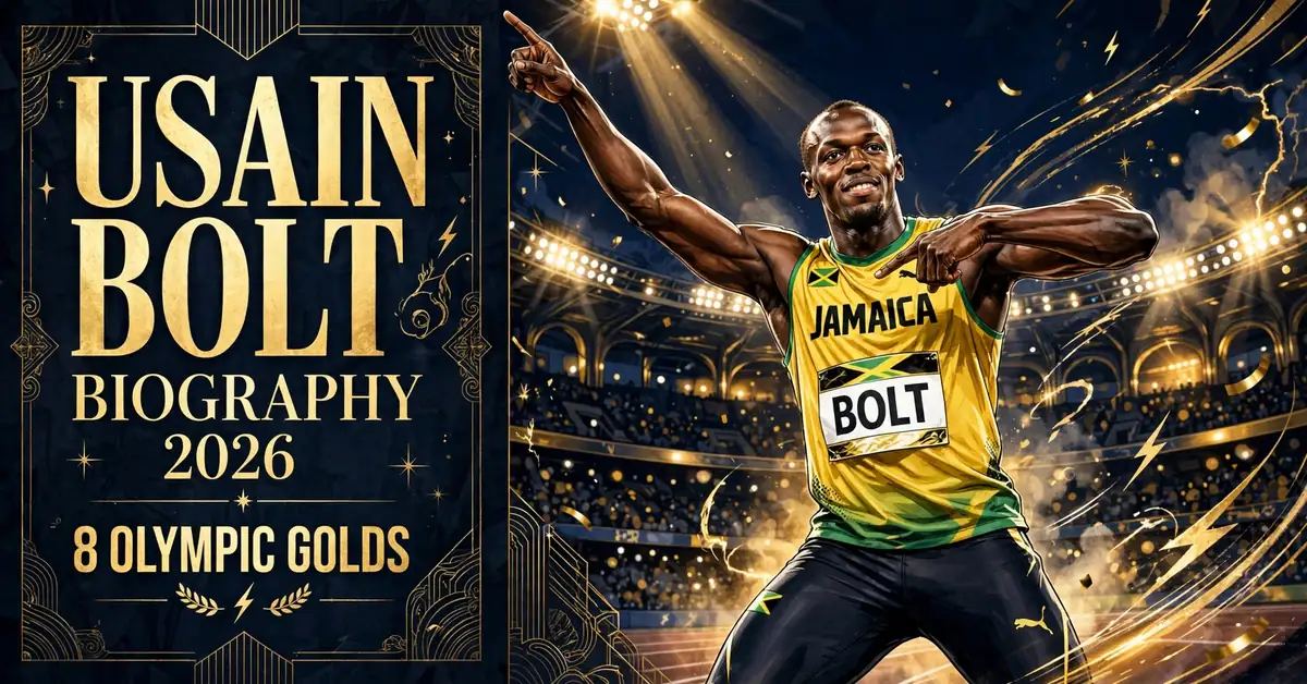 Usain Bolt biography 2026 — stylized illustrated portrait of the Jamaican sprinter with USAIN BOLT BIOGRAPHY 2026 8 OLYMPIC GOLDS text