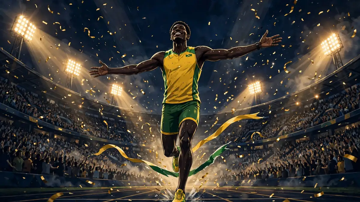 Illustrated male sprinter in a yellow and green Jamaica kit celebrating in a packed stadium at night, in dark navy and gold tones