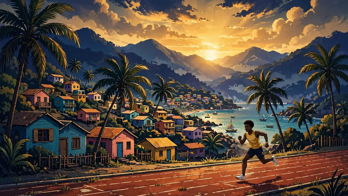 Illustrated Jamaican town at sunset with a young sprinter training on a track, in dark navy and gold tones