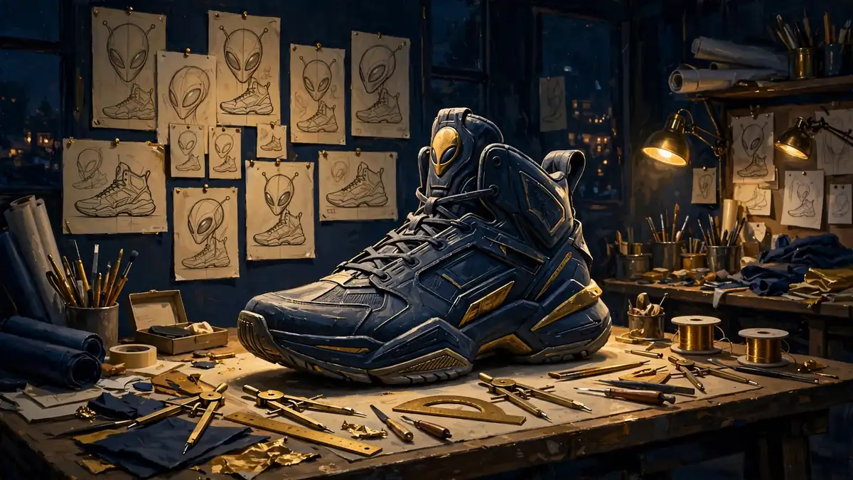 Illustrated sneaker design studio with a giant basketball shoe prototype and navy-gold accents, tied to Wembanyama's Nike signature line