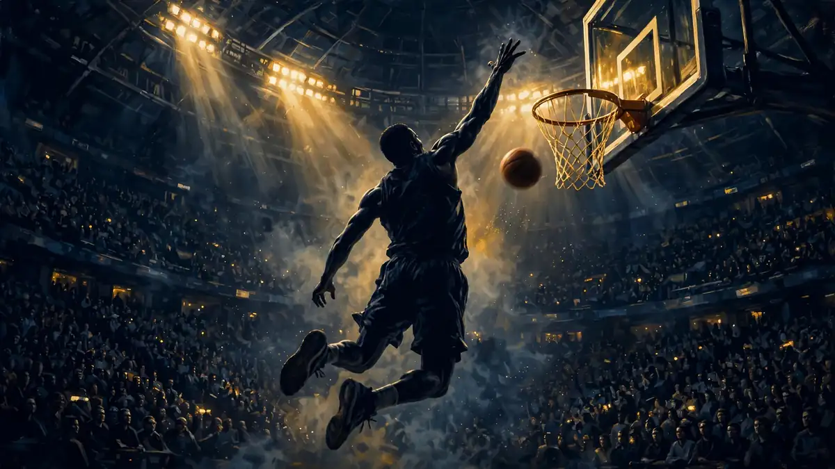 Illustrated basketball arena at night with a giant shot-blocker silhouette and golden rim lights, evoking Wembanyama's Defensive Player of the Year season