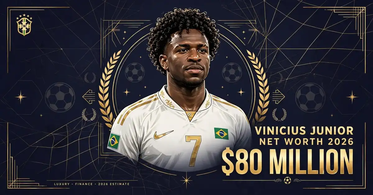 Vinicius Junior net worth 2026 — estimated $50 to $100 million fortune infographic