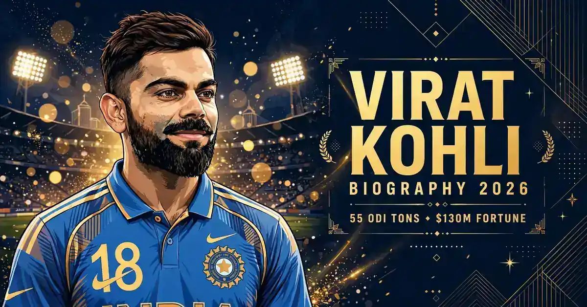 Virat Kohli biography 2026 — 55 ODI centuries, $130 million estimated fortune, illustrated portrait