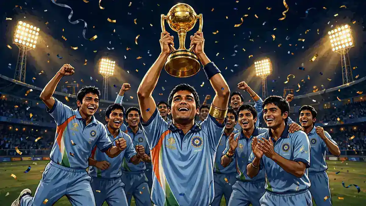 Illustrated tribute to Virat Kohli lifting the 2008 ICC U-19 World Cup trophy with his teammates in Kuala Lumpur