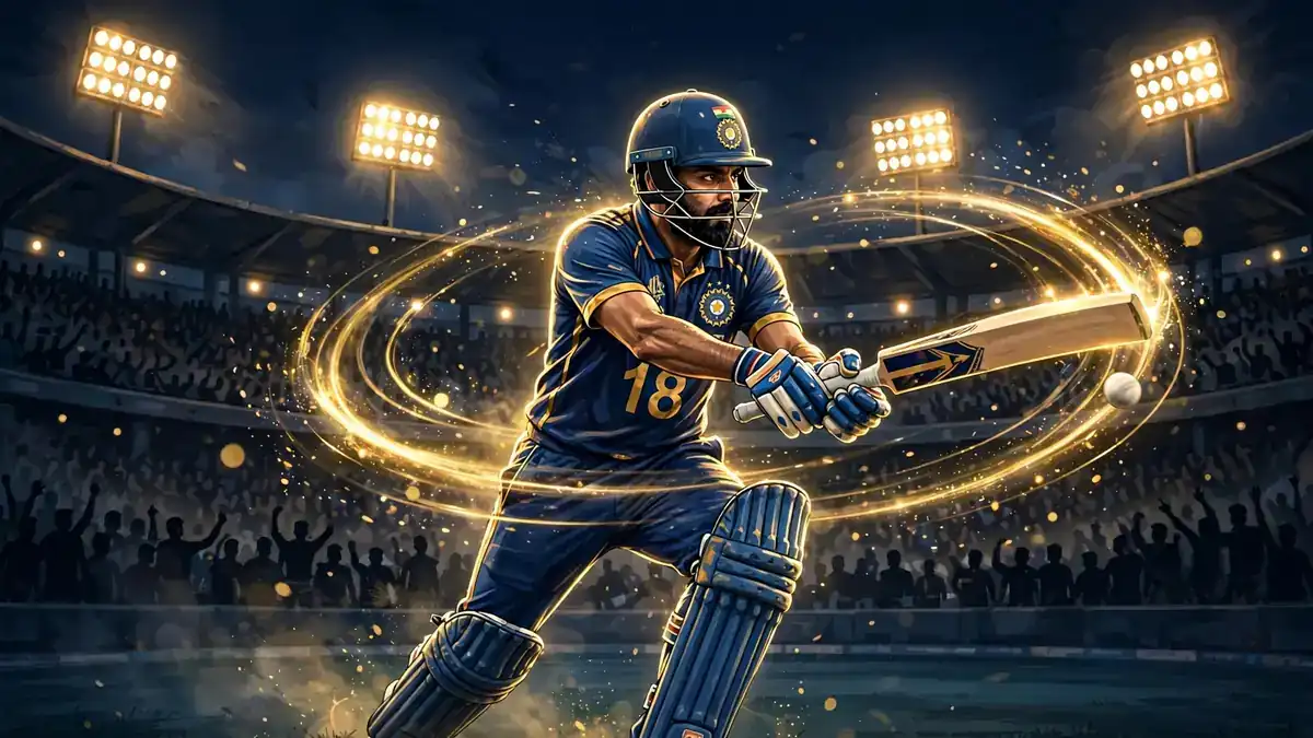 Stylized illustration of Virat Kohli, the Chase Master, playing a cover drive under floodlights in a packed stadium