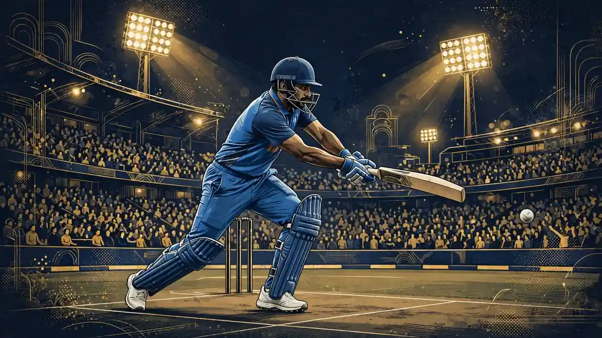 Illustrated batter playing a cover drive under floodlights in an ODI match