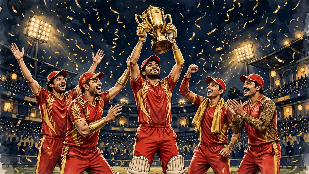 Illustrated cricketers in red and gold celebrating with a golden trophy under confetti