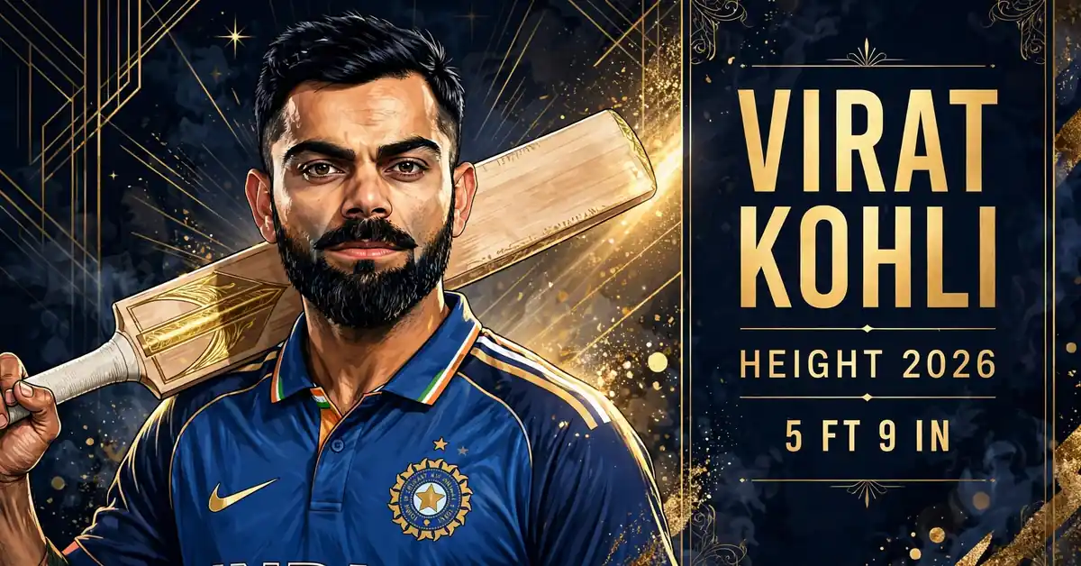 Virat Kohli height 2026 — stylized illustrated portrait of Virat Kohli, VIRAT KOHLI HEIGHT 2026 5 FT 9 IN text