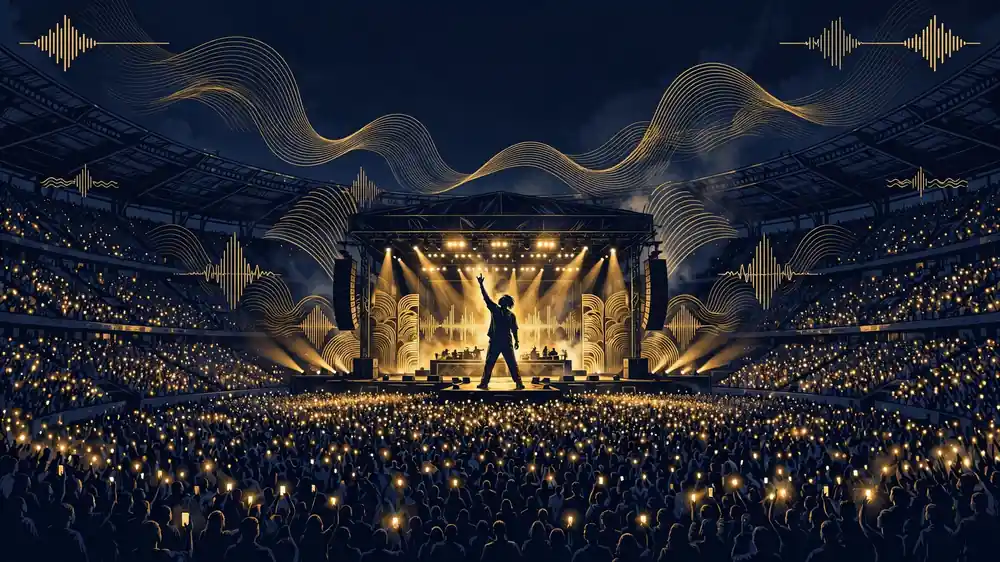 Wizkid stadium concert at night with golden stage lights and a massive crowd