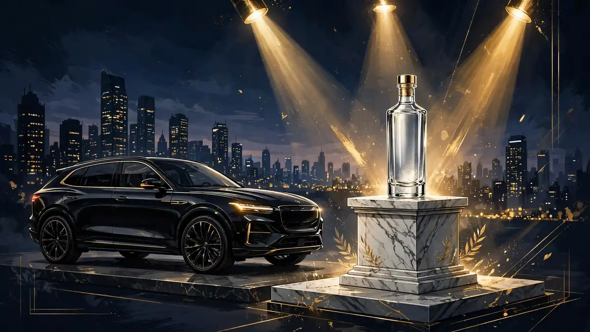 Luxury brand endorsement scene with a black SUV and premium bottle under golden lights