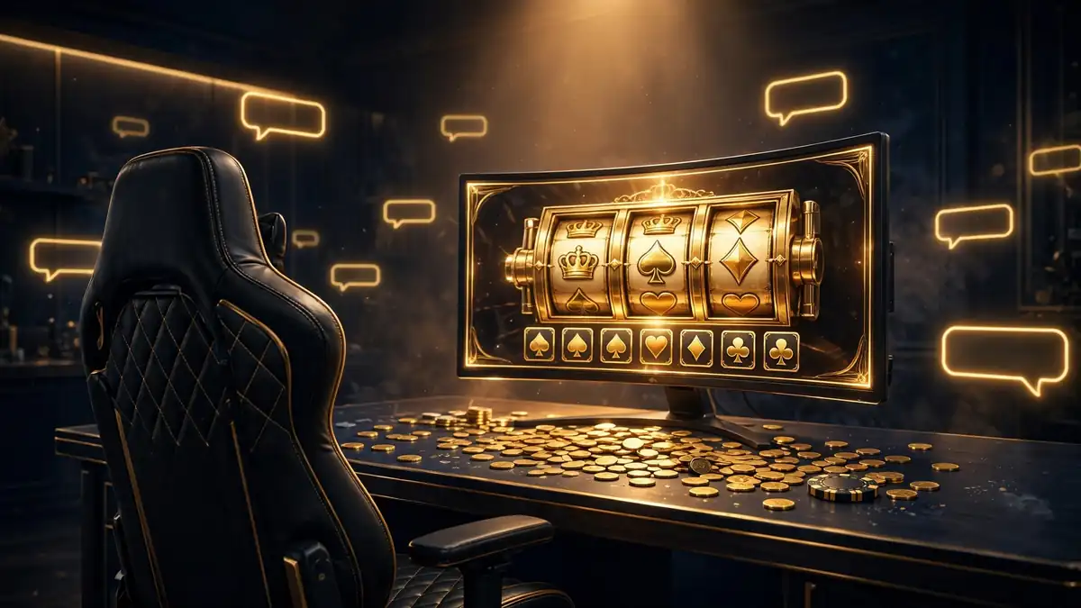 Illustrated gambling stream setup with glowing slot-machine monitor, gold coins and poker chips on a dark desk