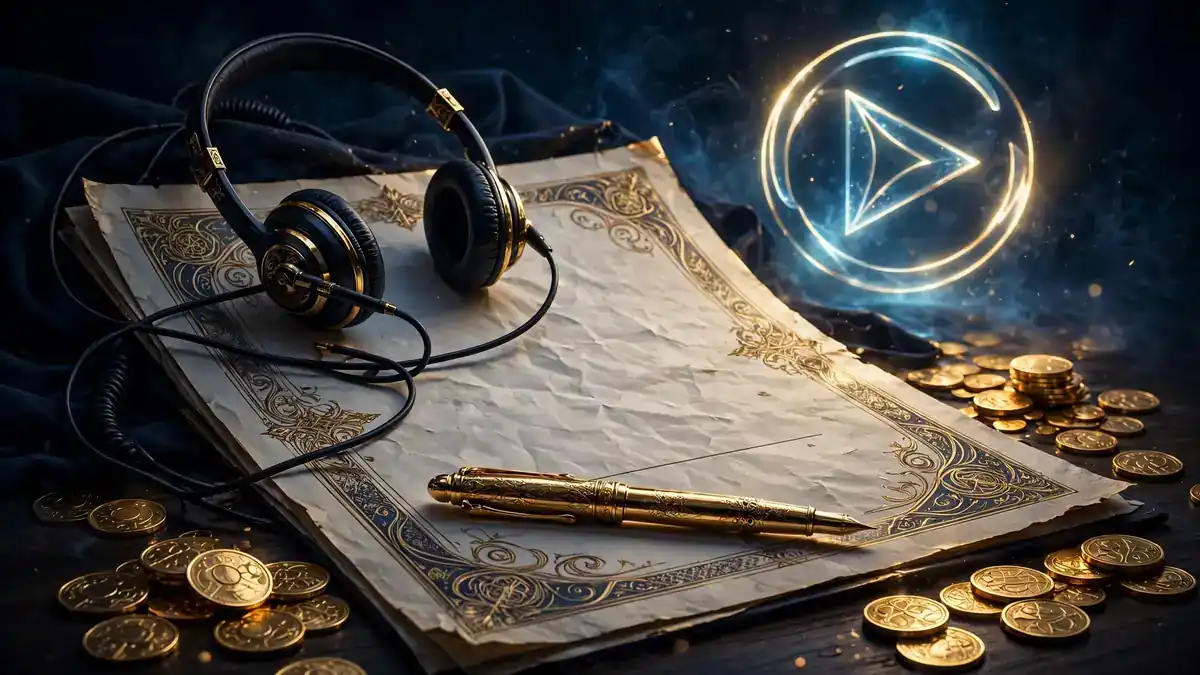 Illustrated contract document with golden pen on a dark desk, headset and gold coins nearby