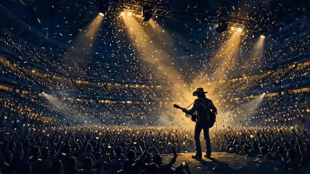 Illustrated Zach Bryan-style country singer performing before a packed football stadium crowd at night