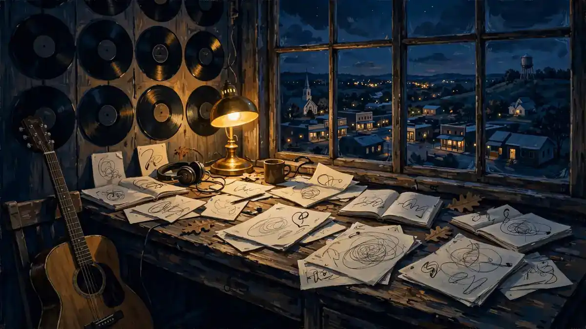 Illustrated rustic recording studio desk with acoustic guitar and handwritten lyric sheets